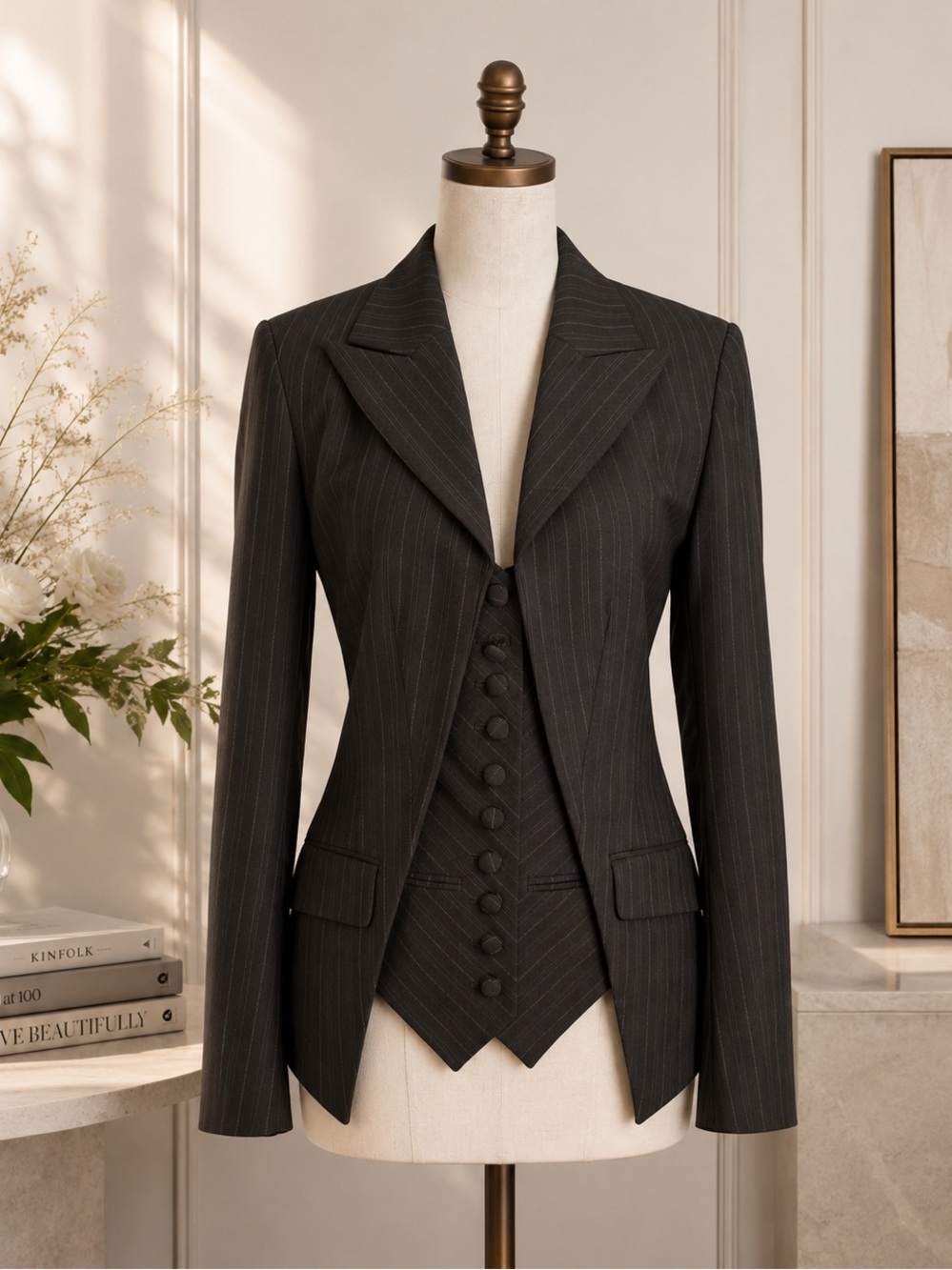 Yigal Azrouel Wool Pinstripe Blazer Attached Vest 4 Brown Equestrian Old Money